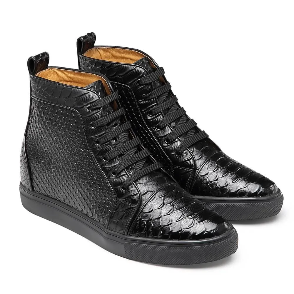 8CM/3.15 Inches - CMR CHAMARIPA High Top Elevator Sneakers Black Leather Hidden Heel Sneakers That Add Height