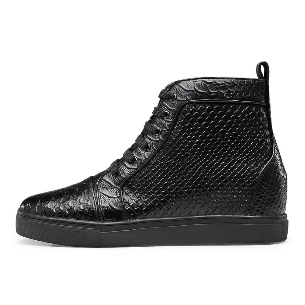 8CM/3.15 Inches - CMR CHAMARIPA High Top Elevator Sneakers Black Leather Hidden Heel Sneakers That Add Height