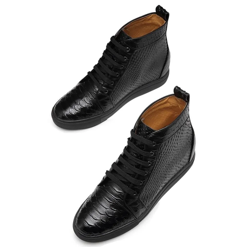 8CM/3.15 Inches - CMR CHAMARIPA High Top Elevator Sneakers Black Leather Hidden Heel Sneakers That Add Height