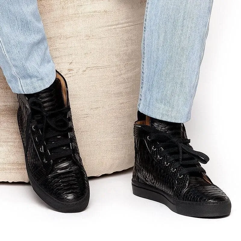 8CM/3.15 Inches - CMR CHAMARIPA High Top Elevator Sneakers Black Leather Hidden Heel Sneakers That Add Height