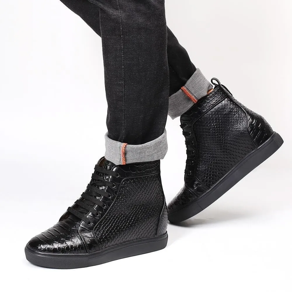 8CM/3.15 Inches - CMR CHAMARIPA High Top Elevator Sneakers Black Leather Hidden Heel Sneakers That Add Height