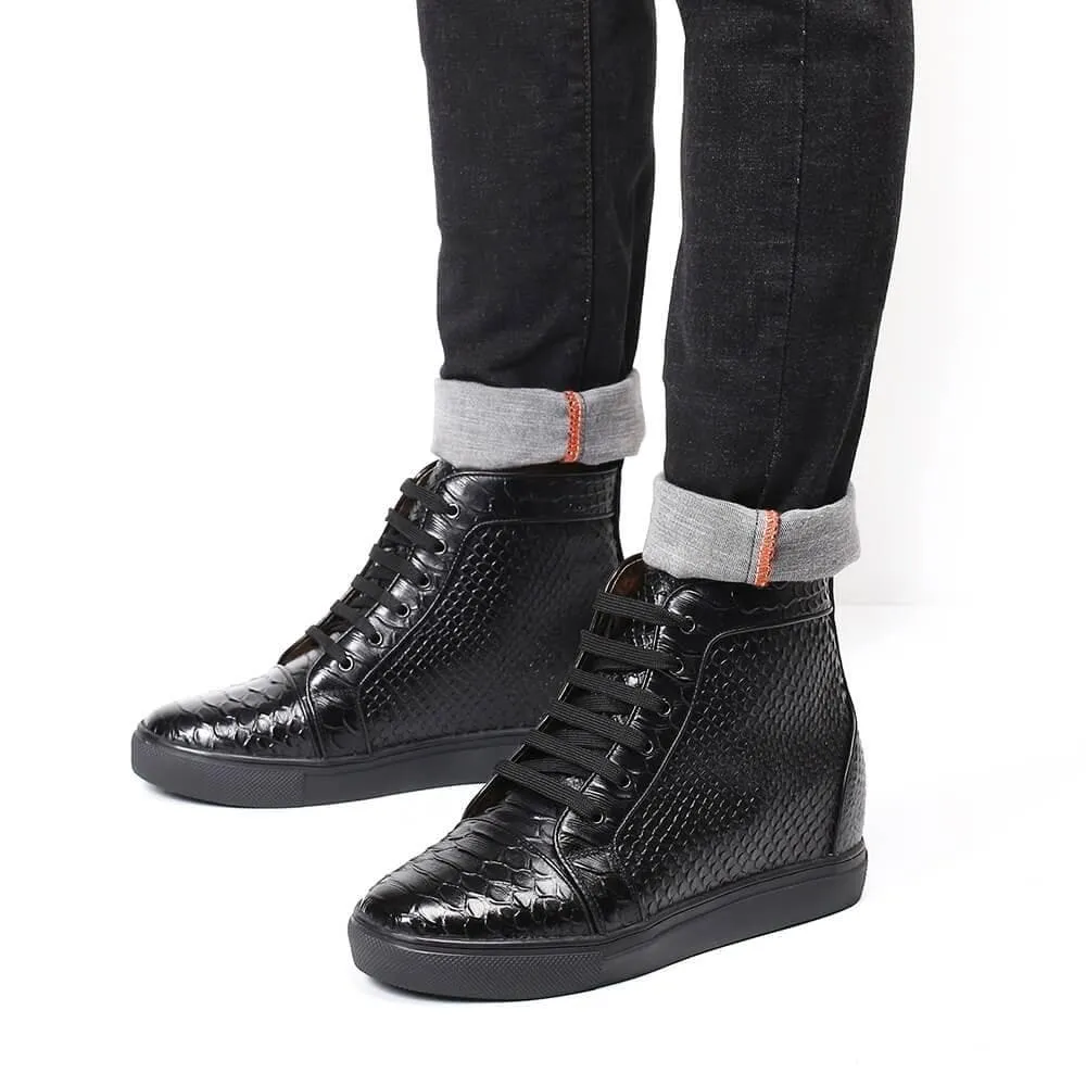 8CM/3.15 Inches - CMR CHAMARIPA High Top Elevator Sneakers Black Leather Hidden Heel Sneakers That Add Height