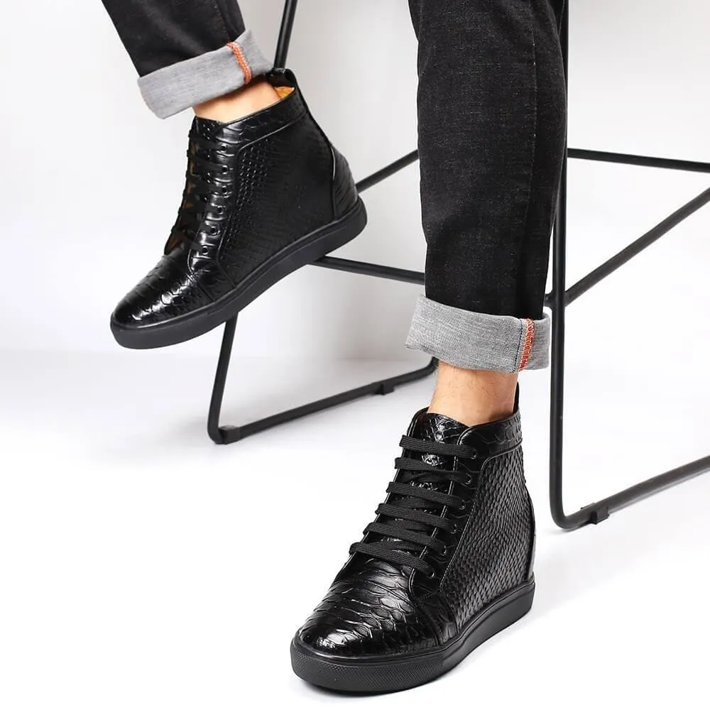 8CM/3.15 Inches - CMR CHAMARIPA High Top Elevator Sneakers Black Leather Hidden Heel Sneakers That Add Height