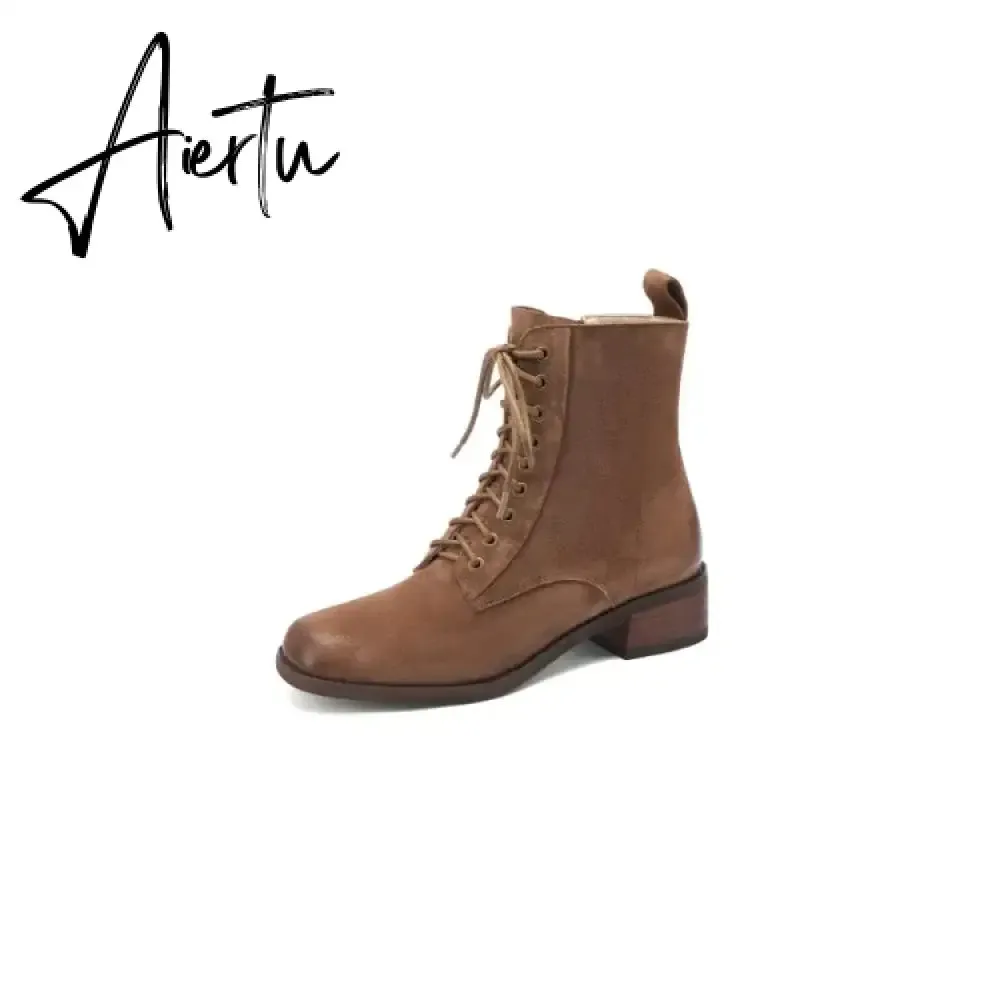 Aiertu HOT SALES Fall Shoes Zipper Genuine Leather Boots Women Retro Lace Ankle Boots for Women Plus Size 42 Fashion Winter Boots Women