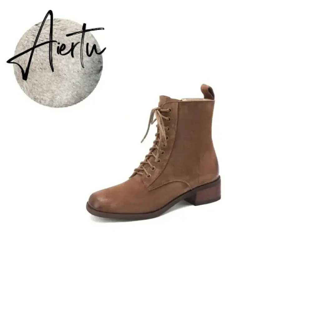 Aiertu HOT SALES Fall Shoes Zipper Genuine Leather Boots Women Retro Lace Ankle Boots for Women Plus Size 42 Fashion Winter Boots Women