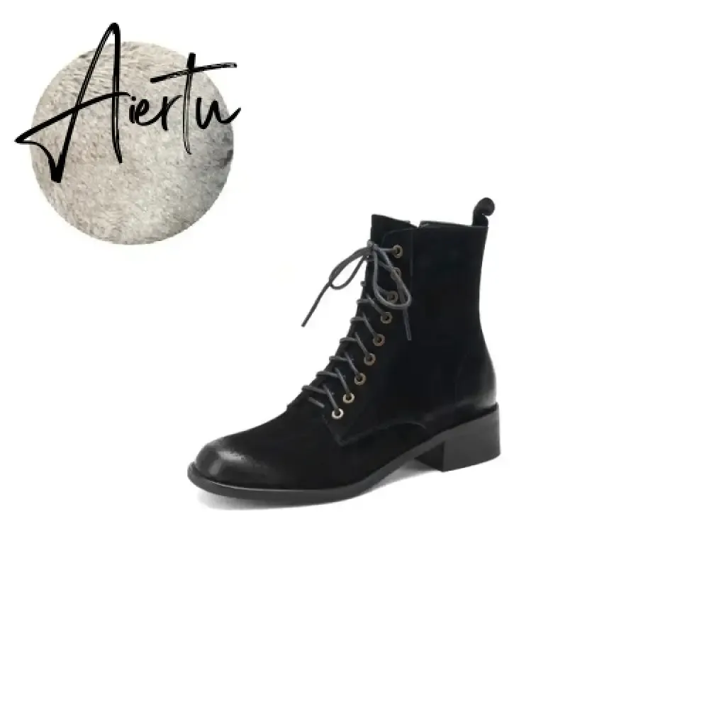 Aiertu HOT SALES Fall Shoes Zipper Genuine Leather Boots Women Retro Lace Ankle Boots for Women Plus Size 42 Fashion Winter Boots Women