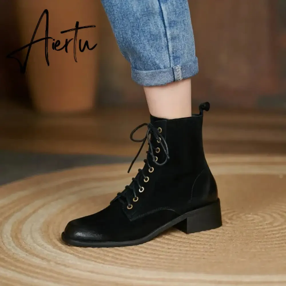 Aiertu HOT SALES Fall Shoes Zipper Genuine Leather Boots Women Retro Lace Ankle Boots for Women Plus Size 42 Fashion Winter Boots Women