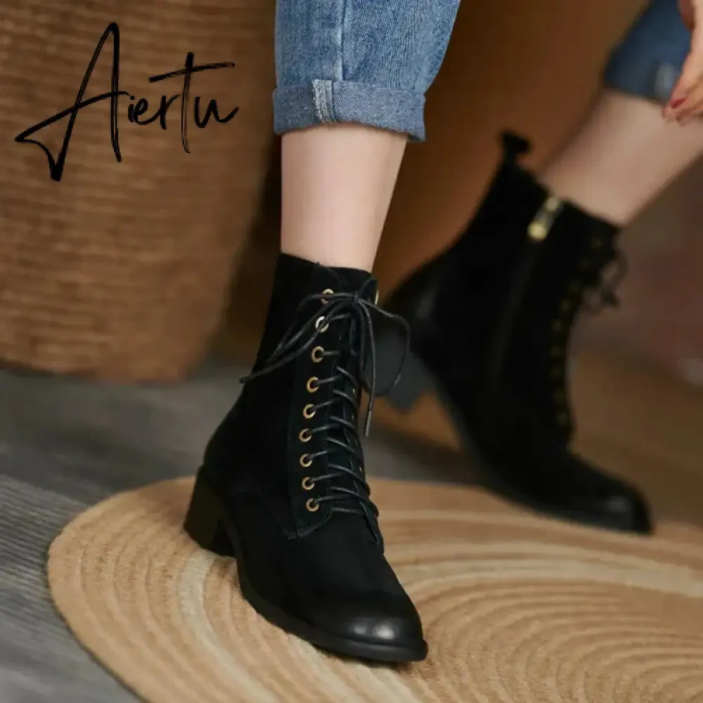 Aiertu HOT SALES Fall Shoes Zipper Genuine Leather Boots Women Retro Lace Ankle Boots for Women Plus Size 42 Fashion Winter Boots Women