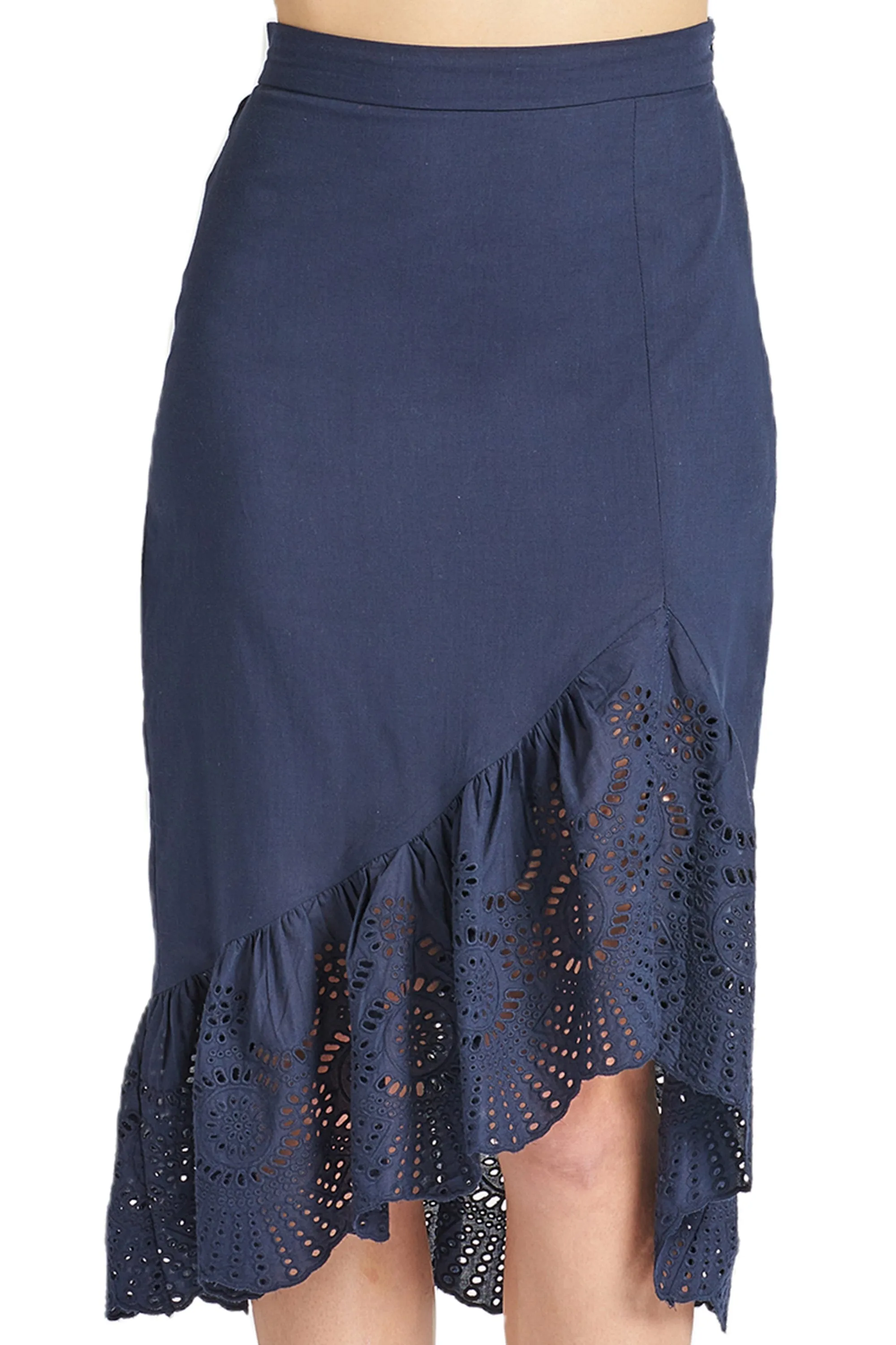 Aster Skirt - Cotton eyelet asymmetric hi-lo skirt (navy)