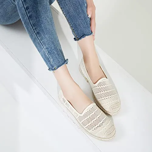 BABUDOG Women's Breathable Mesh Flats Shoes, Soft Loafers Flats, White Slip on Shoes Loafers(Beige.US6)