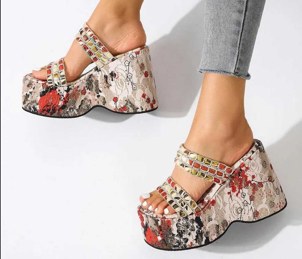 Chunky Printed Wedge Sandals