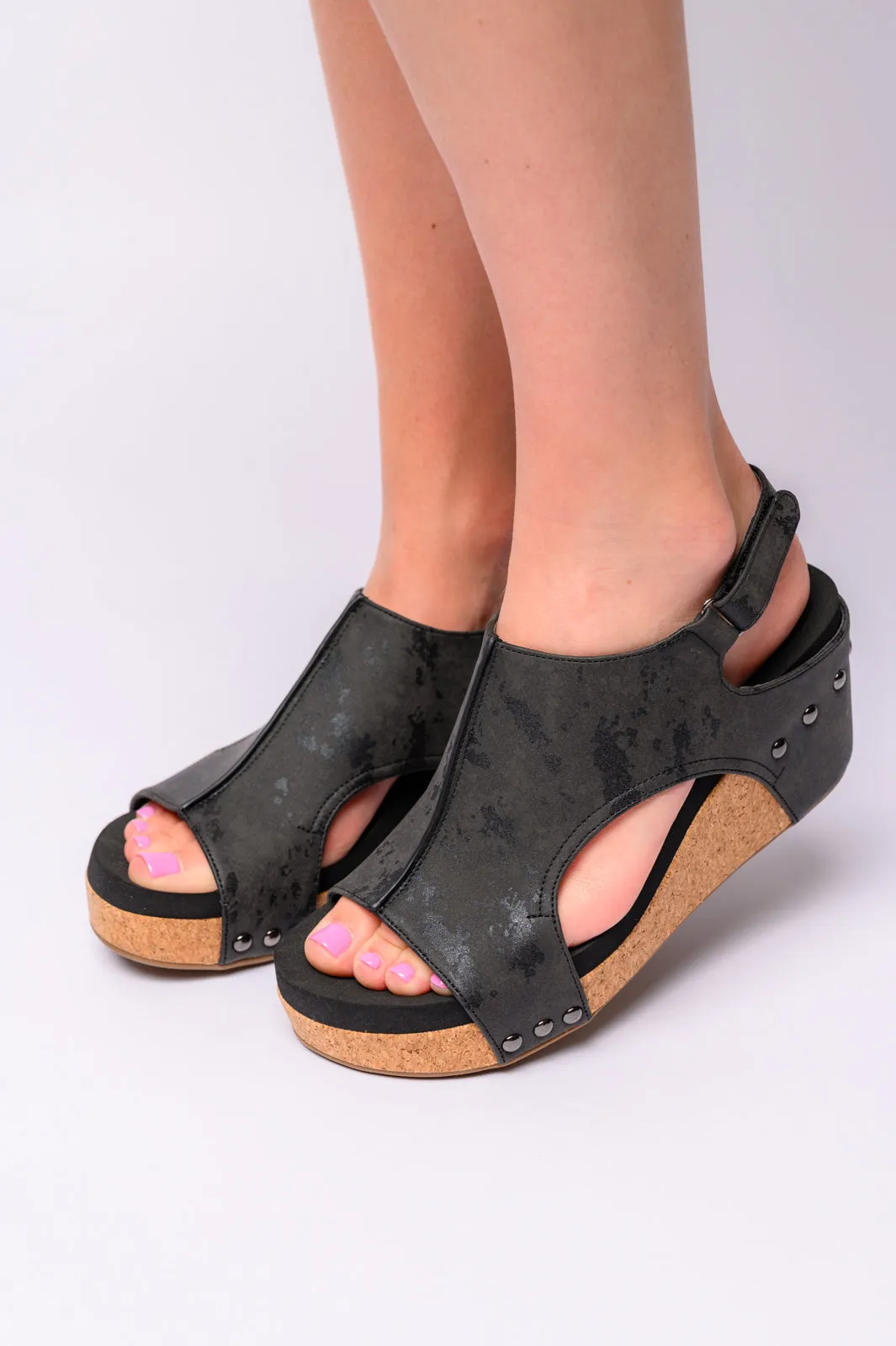 Corkys Carley Wedge Sandals in Black Metallic