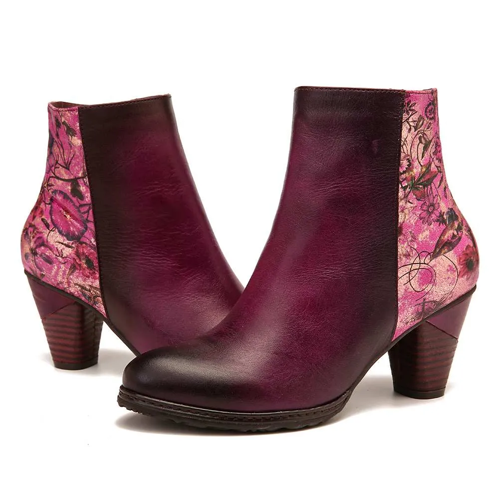 Elegant Women's Retro Printed Floral Pattern High Heel Leather Ankle Boots