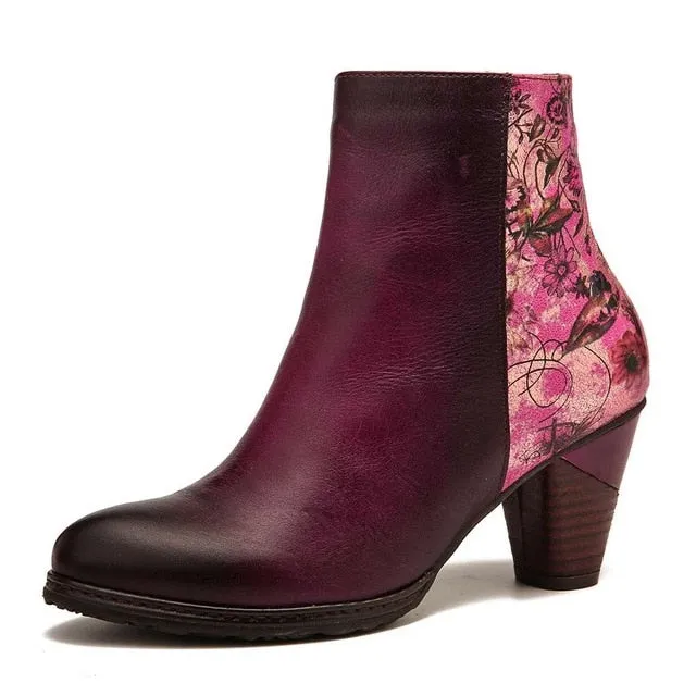 Elegant Women's Retro Printed Floral Pattern High Heel Leather Ankle Boots