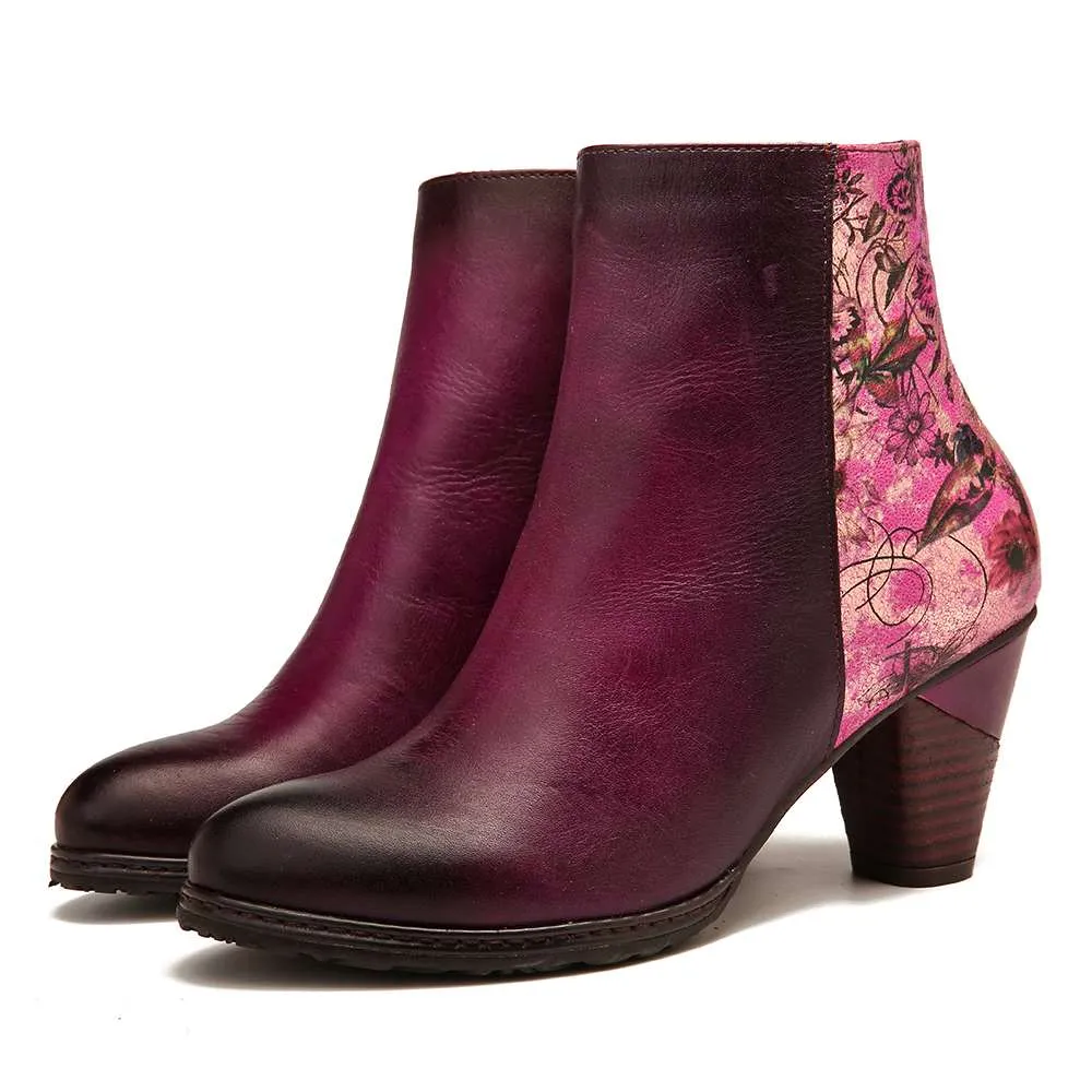 Elegant Women's Retro Printed Floral Pattern High Heel Leather Ankle Boots