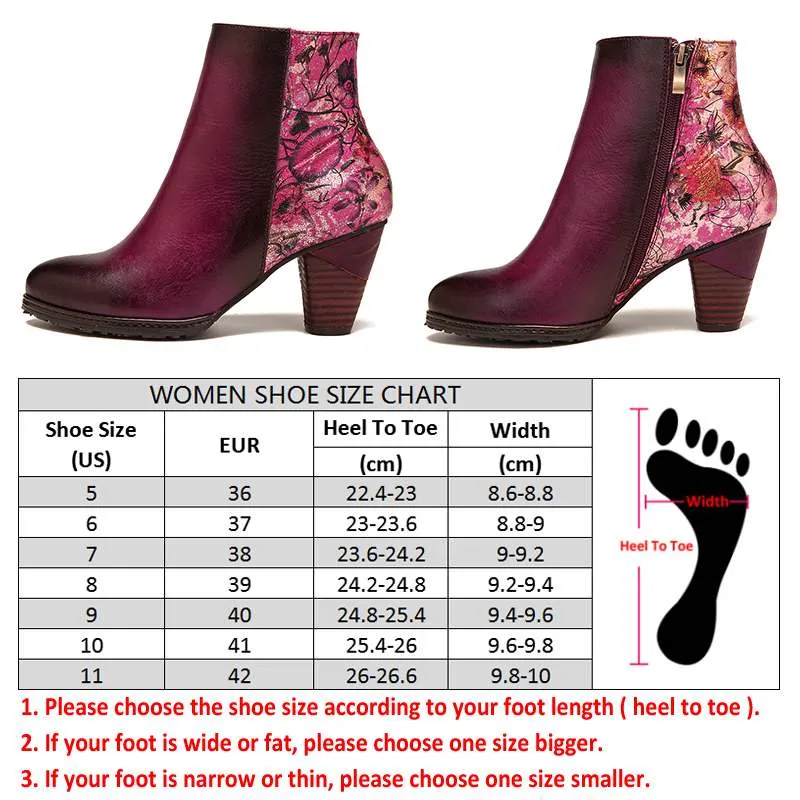 Elegant Women's Retro Printed Floral Pattern High Heel Leather Ankle Boots