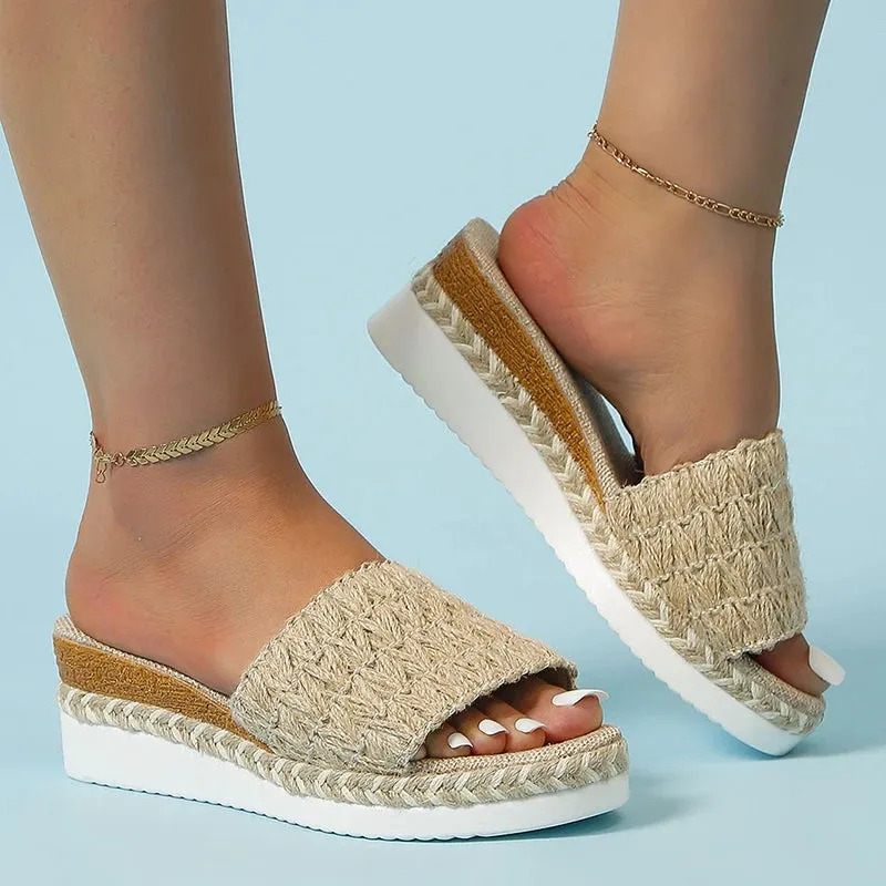 Espadrilles Weaving Wedge Slippers for Women Summer Thick Sole Platform Sandals Woman Lightweight Non Slip Casual Slippers