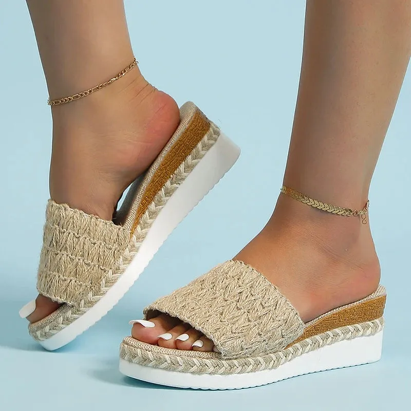 Espadrilles Weaving Wedge Slippers for Women Summer Thick Sole Platform Sandals Woman Lightweight Non Slip Casual Slippers