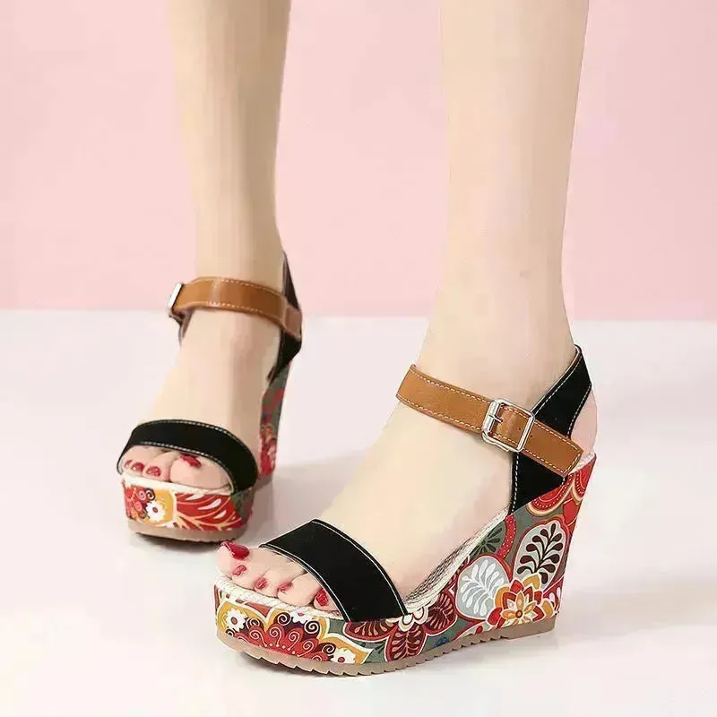 Fashion Flowers Embroidered High Wedge Sandals For Women Summer Toe Platform Buckle Shoes