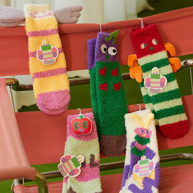 Gift Box Set Sweetnana Caterpillar Series Women's Cozy Tube Socks - Fuzzy Socks Slipper Funny Socks, Winter Soft Warm Thickened Stockings.