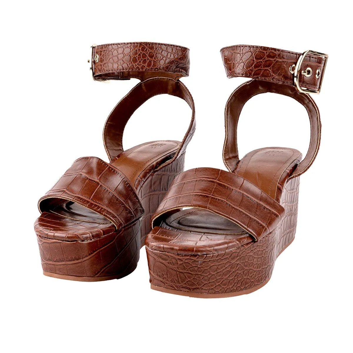 H&M Croc Embossed Platform Sandals Leather Brown Colour For Women