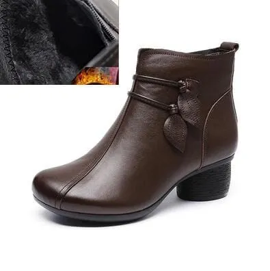 Handmade Genuine Leather Flowers Zipper Retro Warm Winter Boots For Women