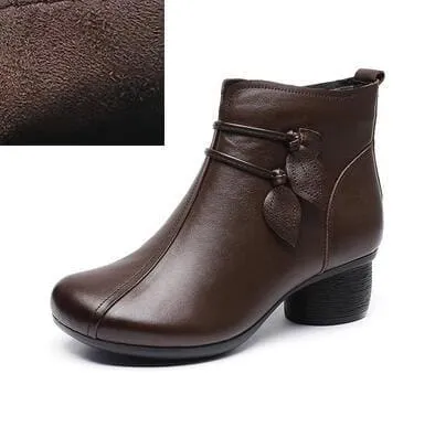 Handmade Genuine Leather Flowers Zipper Retro Warm Winter Boots For Women