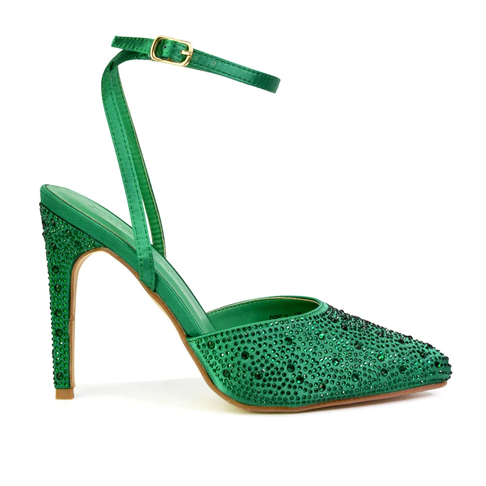 Indyah Diamante Court Shoes Stiletto High Heels Strappy Sandals in Green