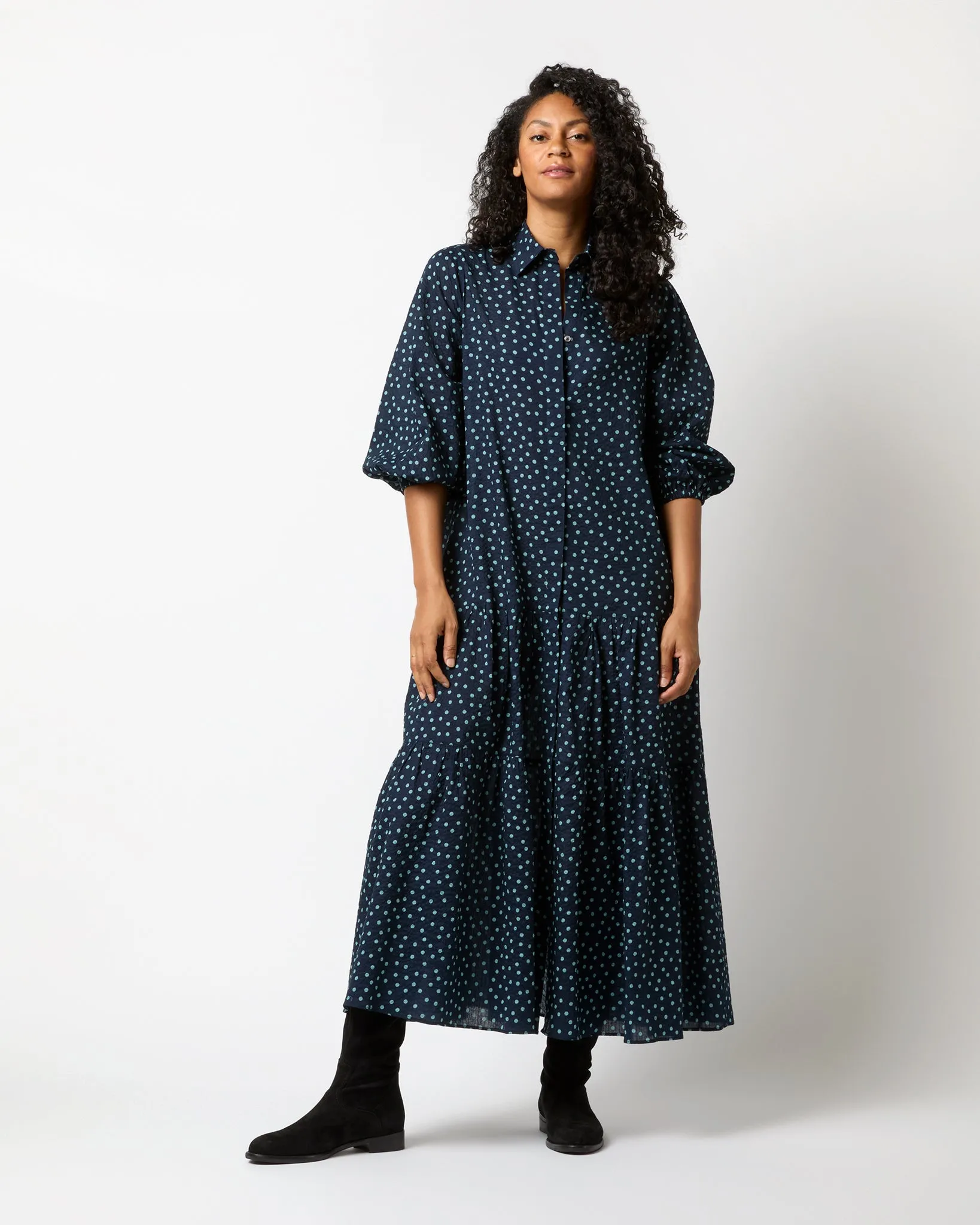 Isla Shirtdress in Navy/Steel Blue Crinkle Cotton