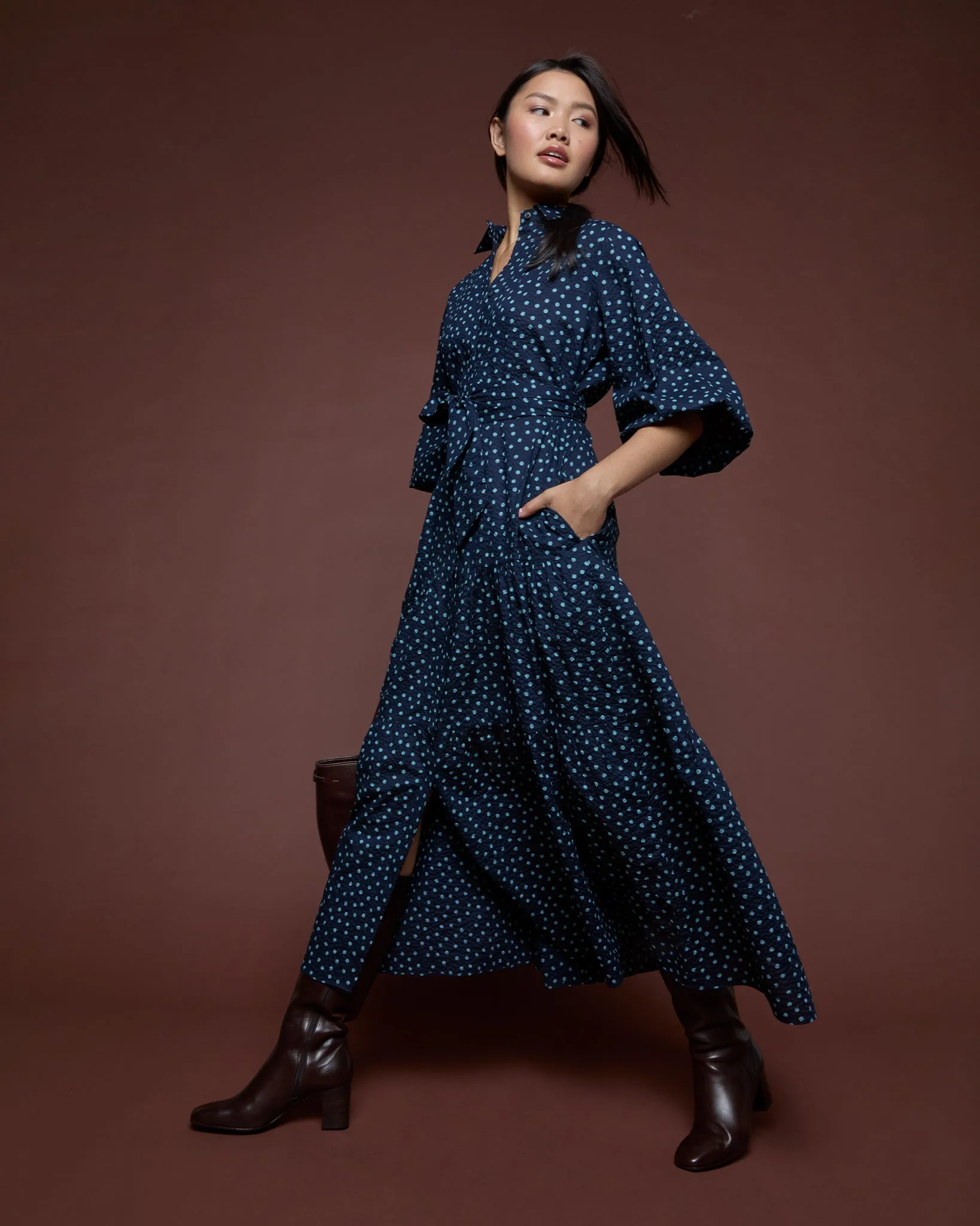 Isla Shirtdress in Navy/Steel Blue Crinkle Cotton