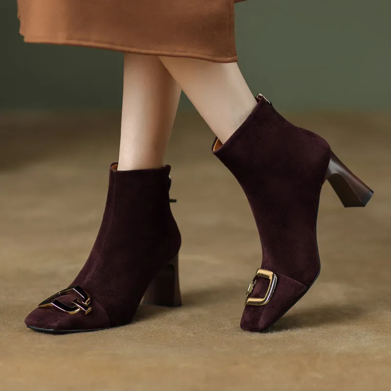 Isley Suede Brown Square Toe Ankle Boots