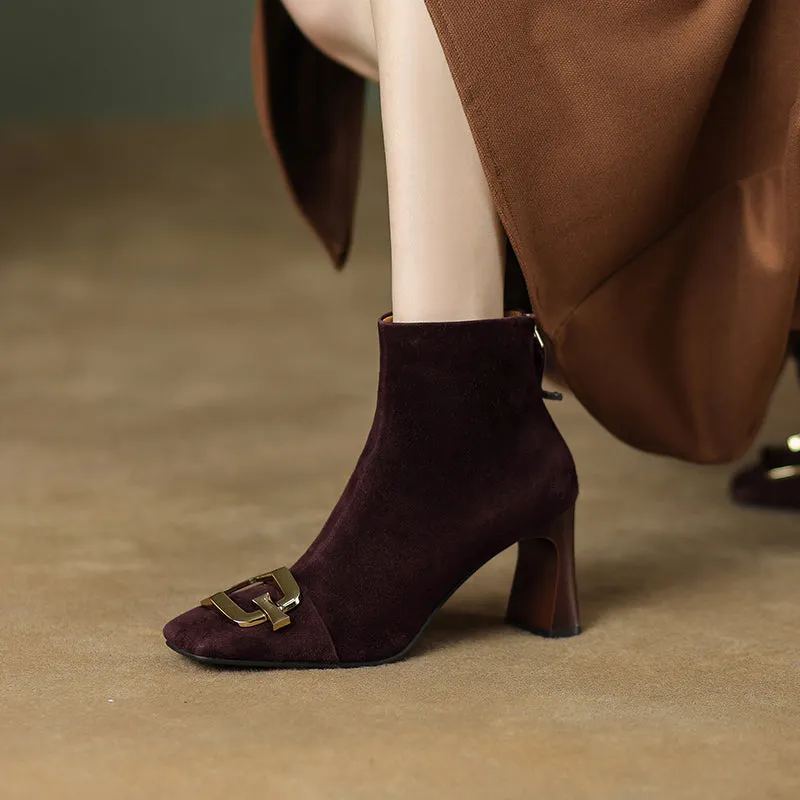 Isley Suede Brown Square Toe Ankle Boots