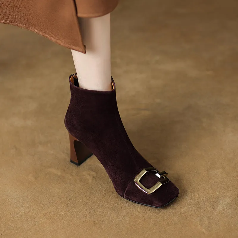 Isley Suede Brown Square Toe Ankle Boots