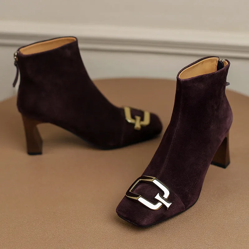 Isley Suede Brown Square Toe Ankle Boots