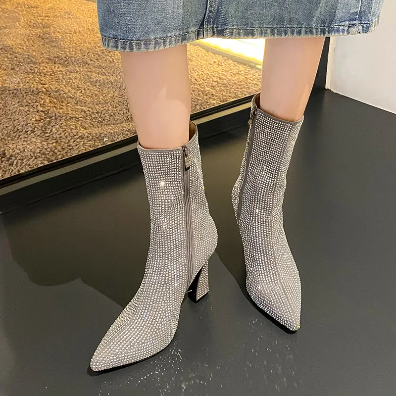 Iva Rhinestone Heel Boots Silver