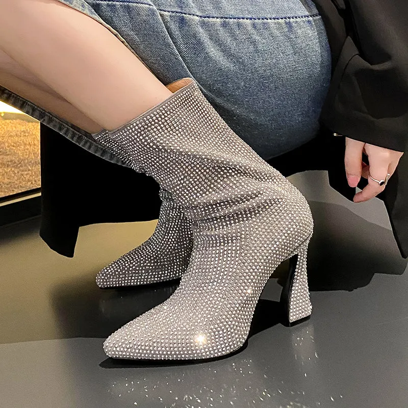 Iva Rhinestone Heel Boots Silver