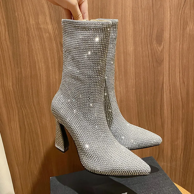 Iva Rhinestone Heel Boots Silver