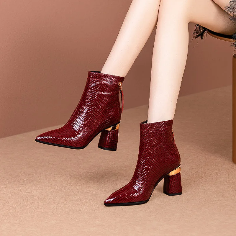 Josie Snakeskin Print Leather Burgundy Boots for Women