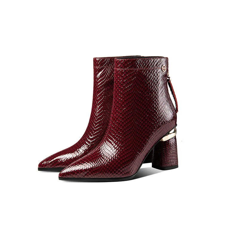 Josie Snakeskin Print Leather Burgundy Boots for Women