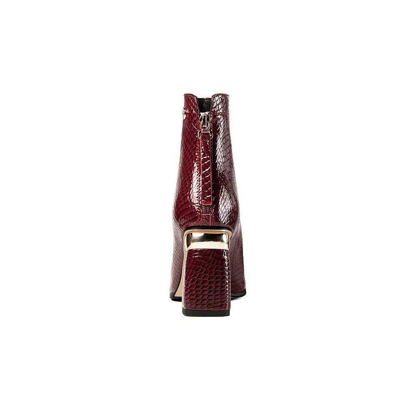 Josie Snakeskin Print Leather Burgundy Boots for Women