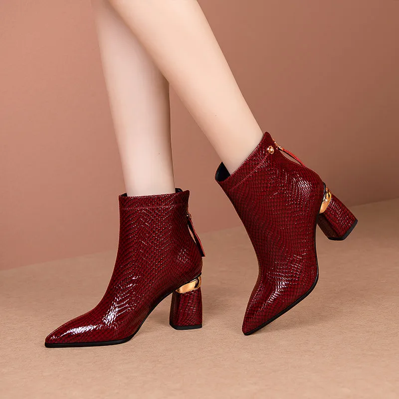 Josie Snakeskin Print Leather Burgundy Boots for Women