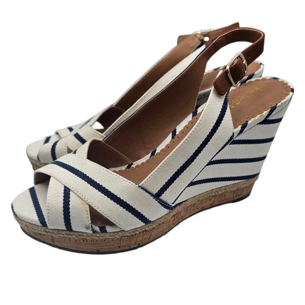 Kelly & Katie Womens Ss 8.5 Cork Wedge Sandals Heels Blue White Striped