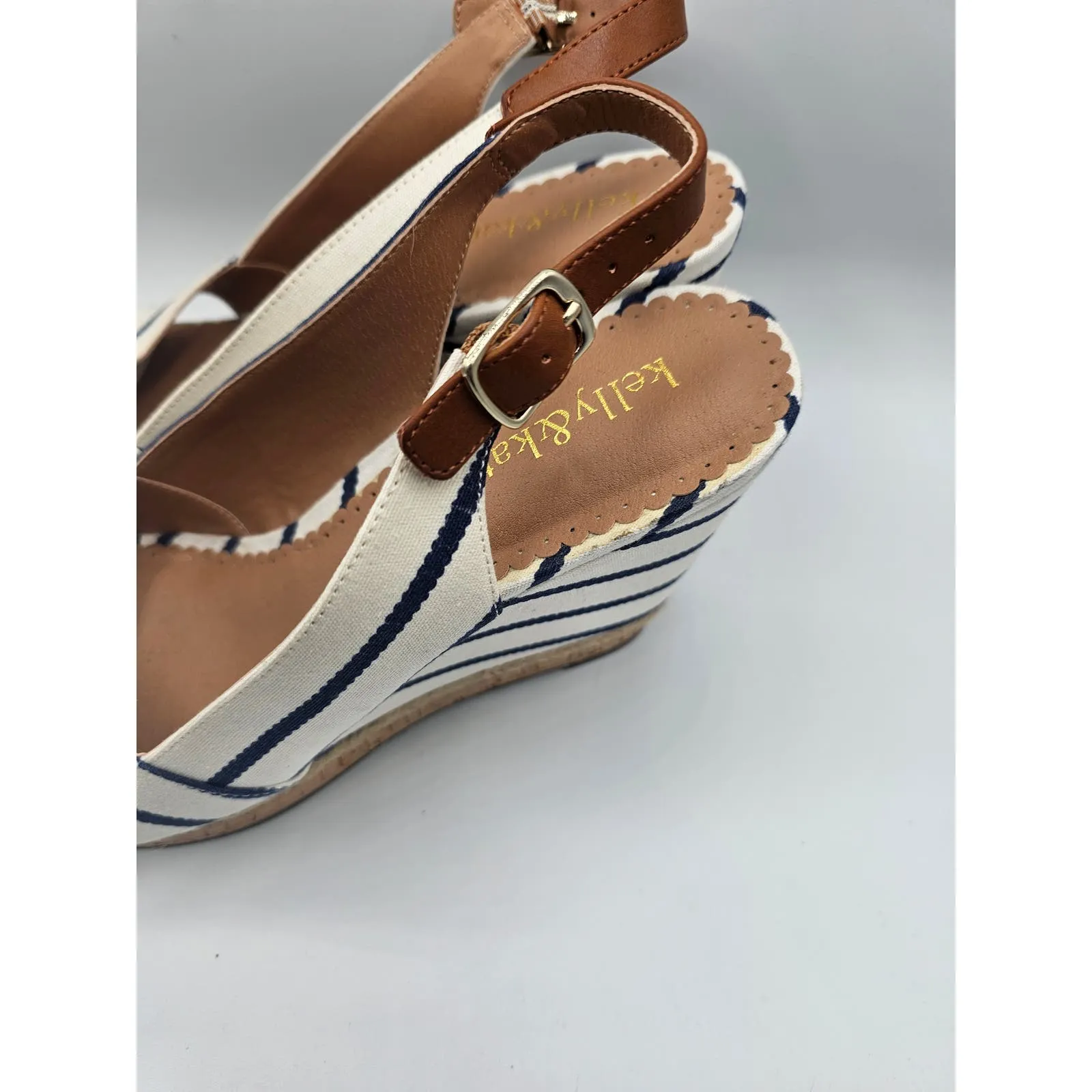 Kelly & Katie Womens Ss 8.5 Cork Wedge Sandals Heels Blue White Striped