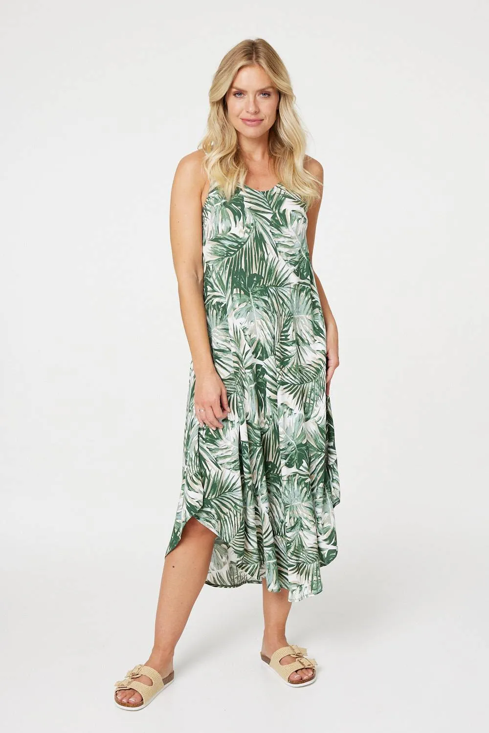 Leaf Print Hanky Hem Midi Dress