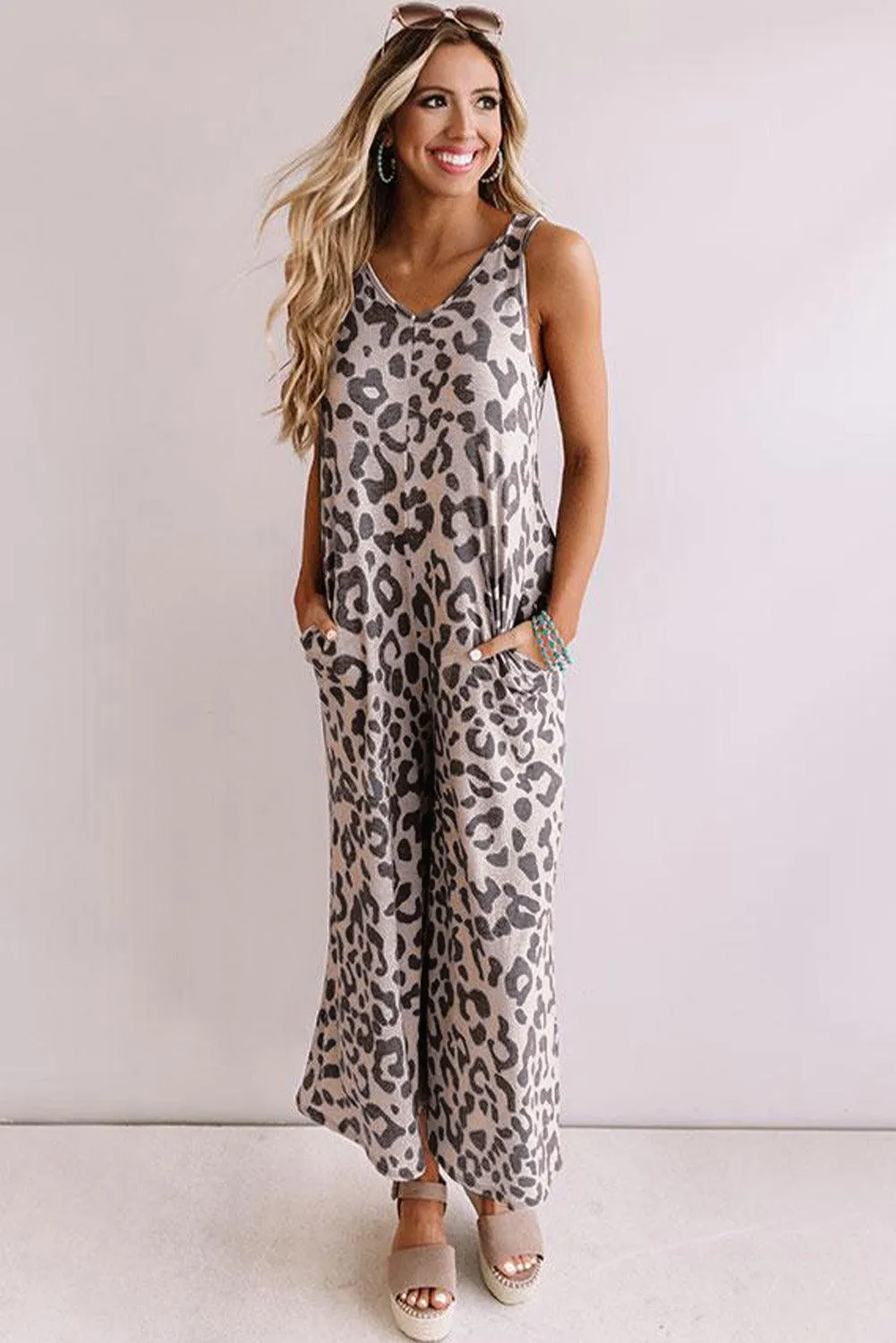 Leopard Print Wide Leg V Neck Jumpsuit with Pockets