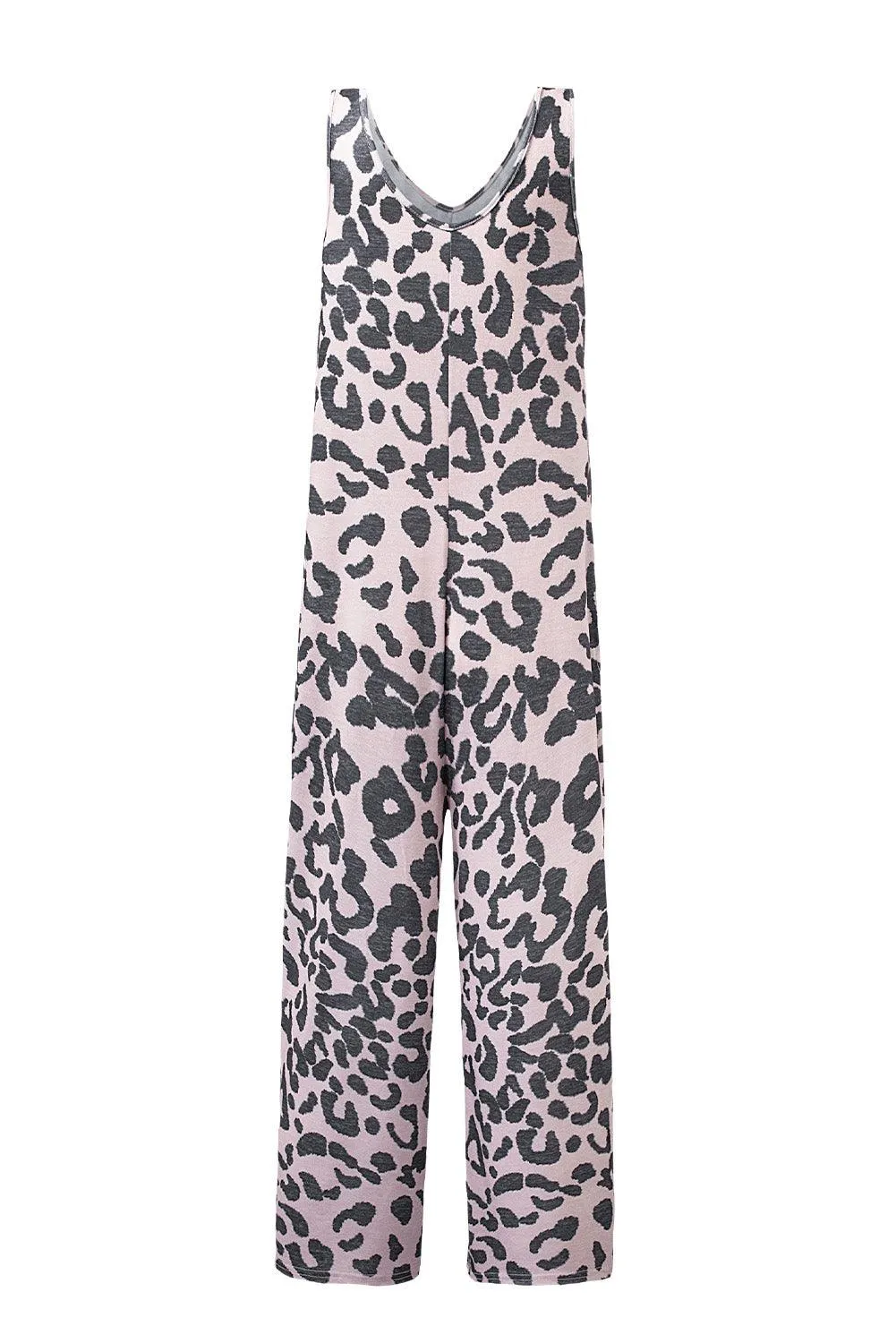 Leopard Print Wide Leg V Neck Jumpsuit with Pockets