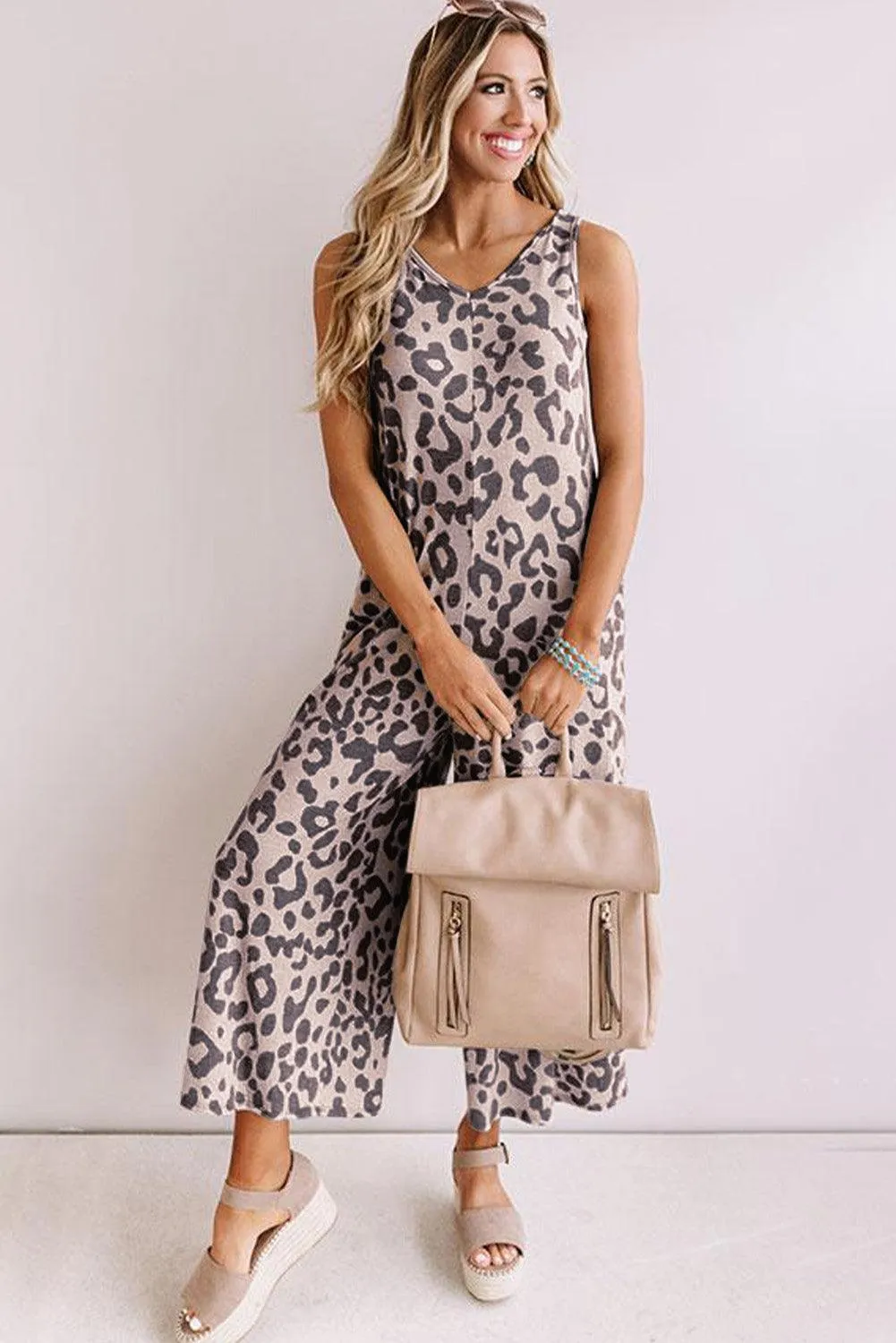 Leopard Print Wide Leg V Neck Jumpsuit with Pockets