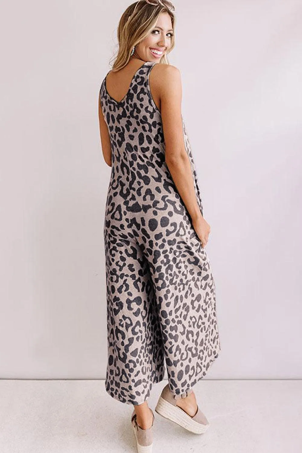 Leopard Print Wide Leg V Neck Jumpsuit with Pockets