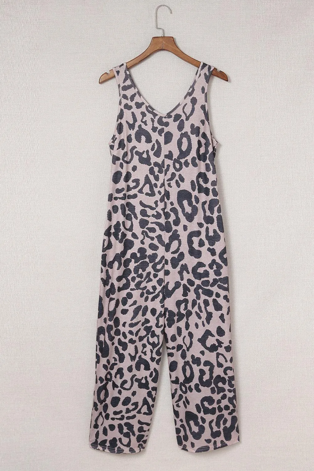 Leopard Print Wide Leg V Neck Jumpsuit with Pockets