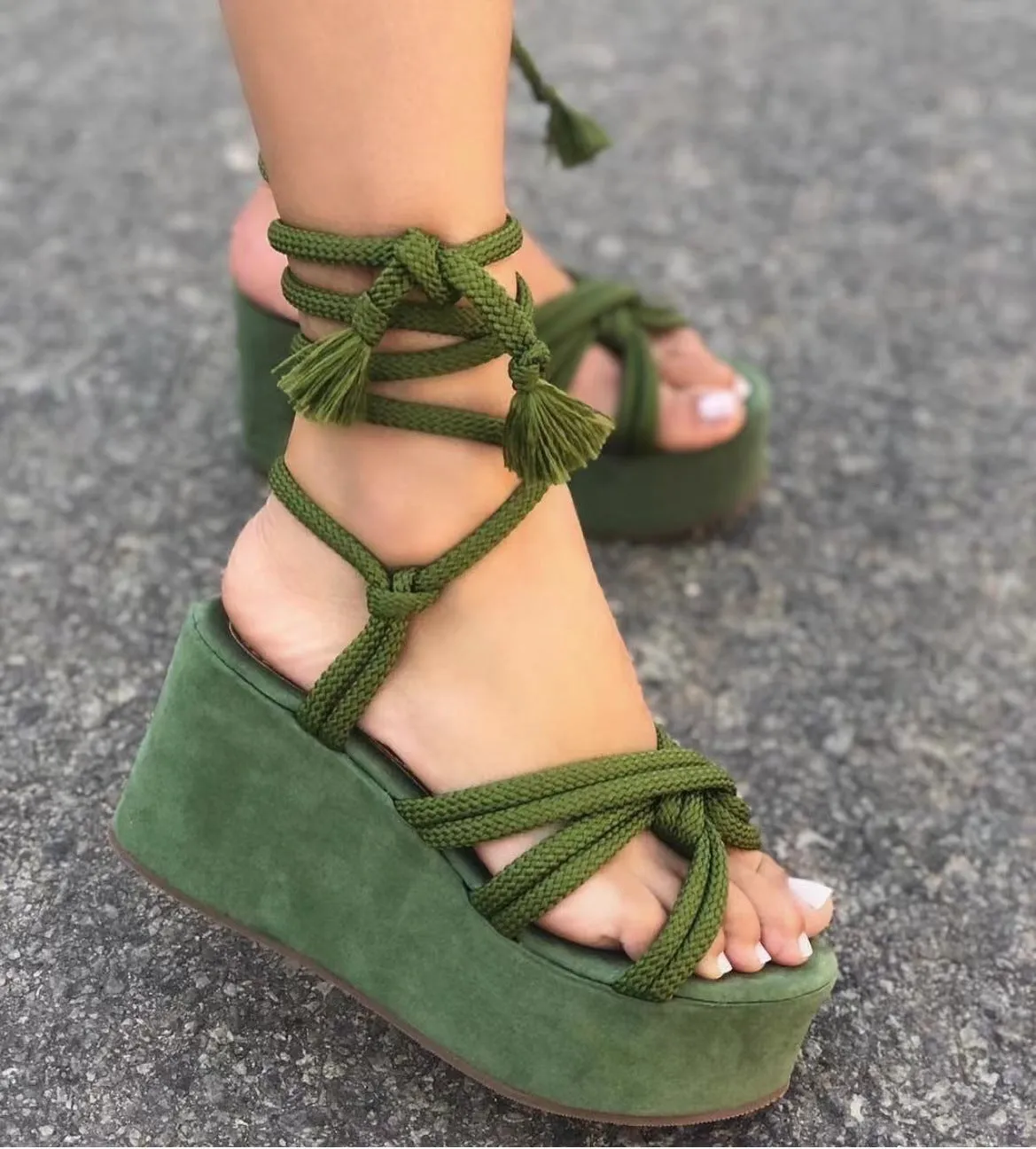 Leslie Lace Me Up Wedge Sandals